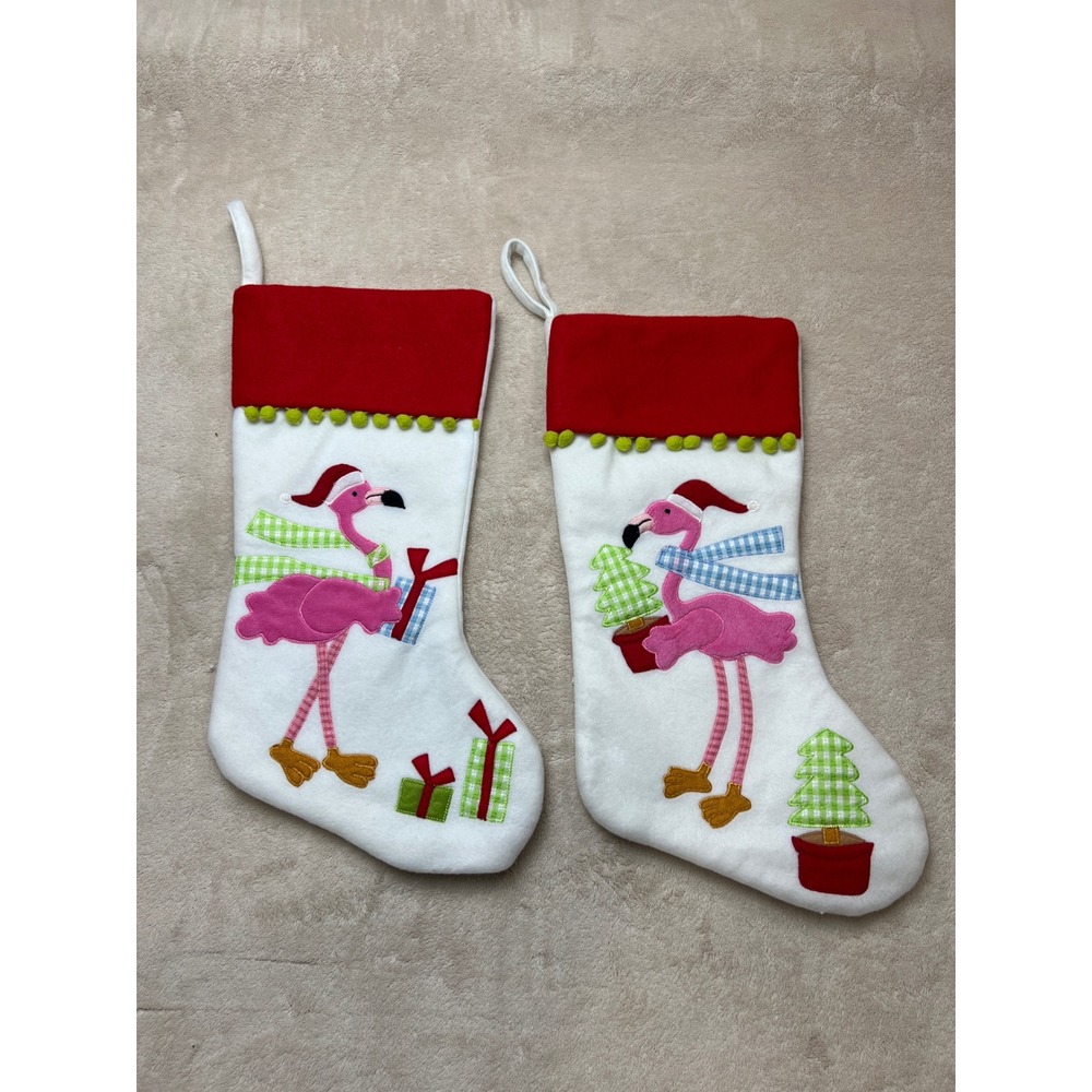 Set of 2 Pink Flamingo Christmas Stockings 18" Tropical Holiday Decor